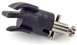 Coaxial antenna adapter with a black plastic body and a metal connector protruding from one end
