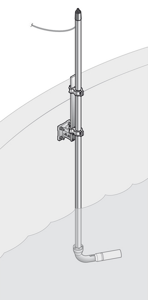 Vertical metal antenna mounted on a wall bracket beside a curved surface, with a coax cable trailing outward from the top.