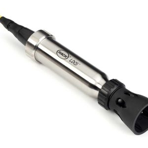 Stainless steel HACH LDO2 probe with a yellow sensing tip and a black connector end on a white background.