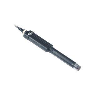 Pen-style electrical test probe with black plastic body and threaded metal tip connected to a cable, used for measurement.
