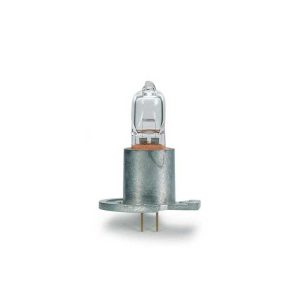 Halogen automotive headlight bulb with a metal base and two flat pins.