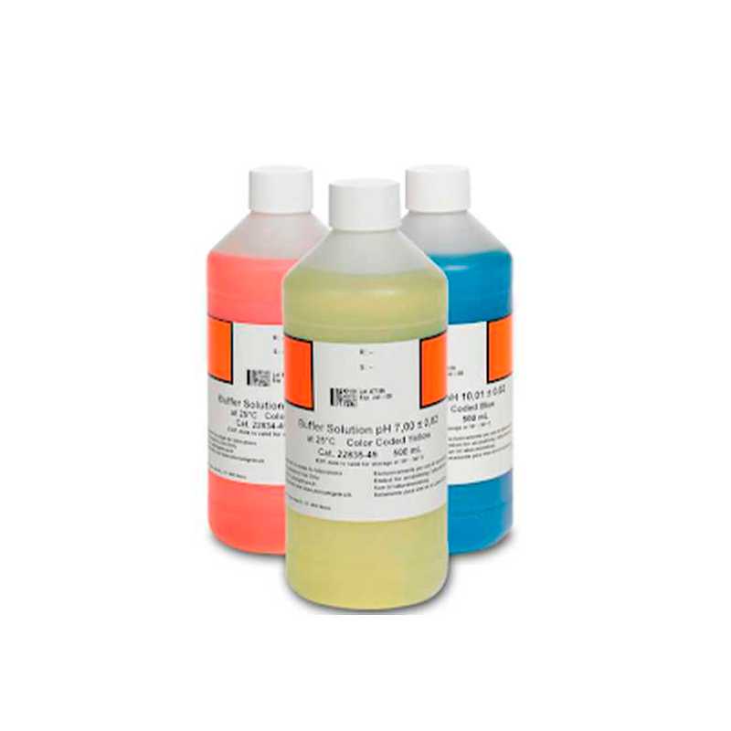 Kit de solución estándar de 4.01 ~ 7.0 ~ 10.01 pH - ELICROM Three bottles of color printer ink (pink/red, yellow, and blue) with white caps, grouped together on a white background.