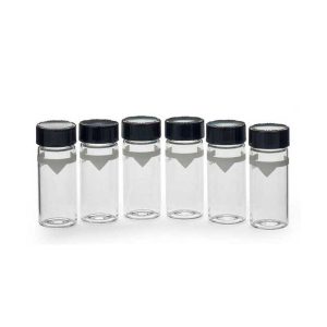 Six empty glass vials with black screw caps arranged in a row on a white background.