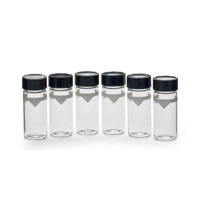 Six empty glass vials with black screw caps arranged in a row on a white background.