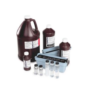 Set of HACH chemical reagent bottles and vials with a blue storage rack on a white background.
