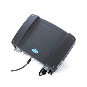 Hach water quality sensor module with cables and mounting brackets on a white background (angled view).