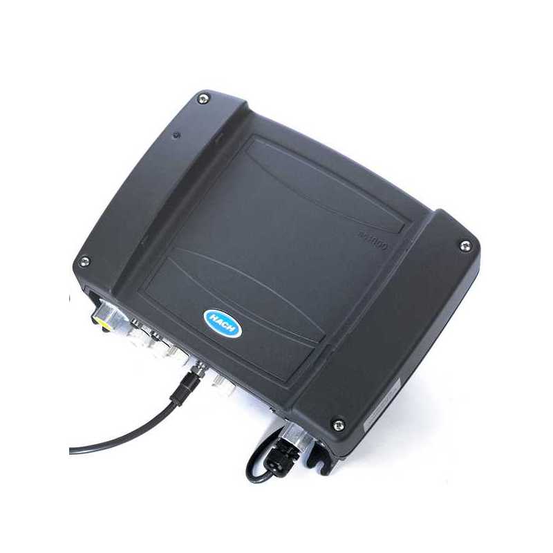 Hach water quality sensor module with cables and mounting brackets on a white background (angled view).
