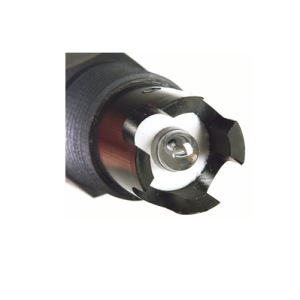 Close-up of a rotary tool head with a star-shaped black guard surrounding a small metal bit at the center, viewed from the side.
