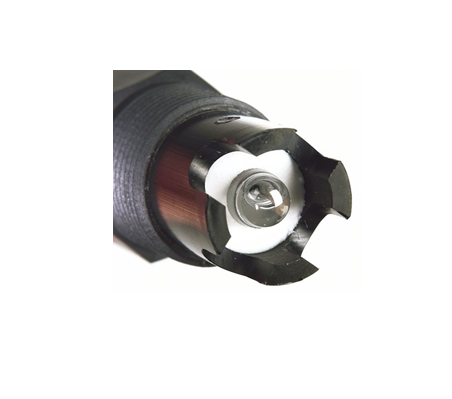 Close-up of a rotary tool head with a star-shaped black guard surrounding a small metal bit at the center, viewed from the side.
