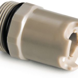 Beige plastic threaded pipe cap with a rubber O-ring seal, used to seal a pipe connection.