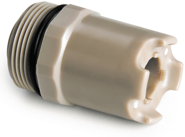 Puente salino PEEK, unión exterior de PVDF para sensor de pH diferencial de 1 pulgada - ELICROM Beige plastic threaded pipe cap with a rubber O-ring seal, used to seal a pipe connection.
