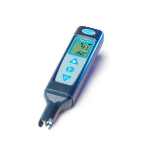 Blue handheld Hach pocket meter with probe, LCD showing readings and unit indicators in a diagonal orientation.