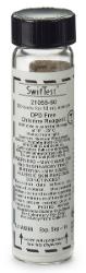 Small glass vial with a black cap containing clear liquid; label wraps around with dense printed text and a barcode.