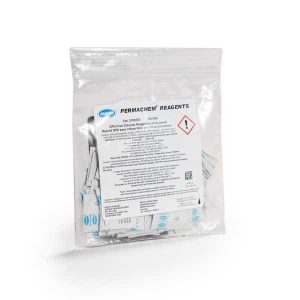 Sealed clear pouch containing Permachem reagents with hazard label visible on the front.