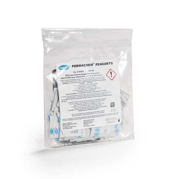 Sealed clear pouch containing Permachem reagents with hazard label visible on the front.