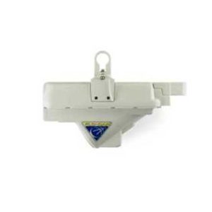 White ceiling-mounted projector bracket with an adjustable arm and hanging hook attachment