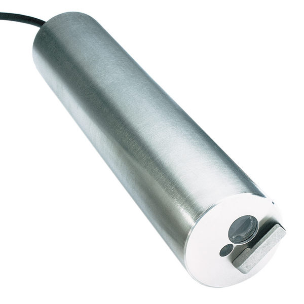 Sensor Solitax sc de insersion rango 0 a 4000NTU o 0 a 50 gL de TSS de acero inoxidable con limpieza automática - ELICROM Cylindrical metal handheld tool with a black cord and a small recessed blade at the tip, resembling a cutter or punch tool