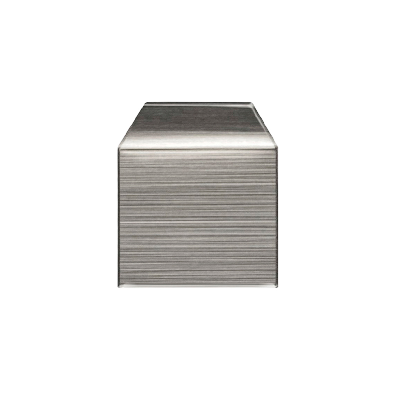 Brushed metal cube or block with horizontal grain, simple metallic container-like shape on a white background.