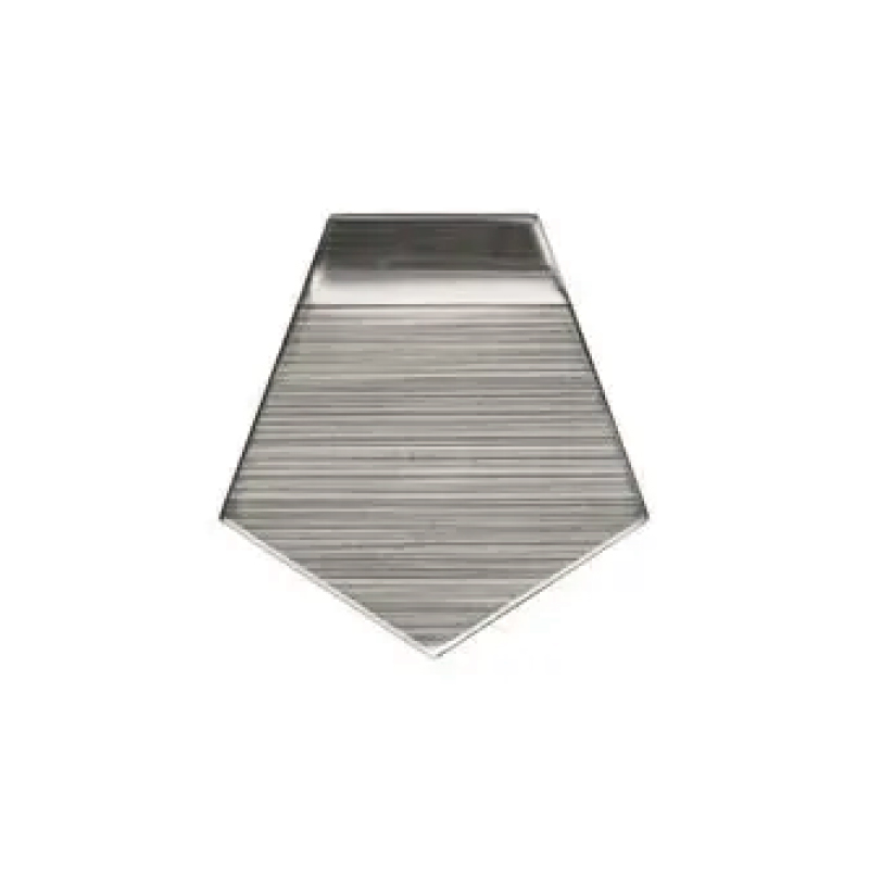 Silver metal roll-up shutter panel with horizontal slats and a pointed bottom edge.