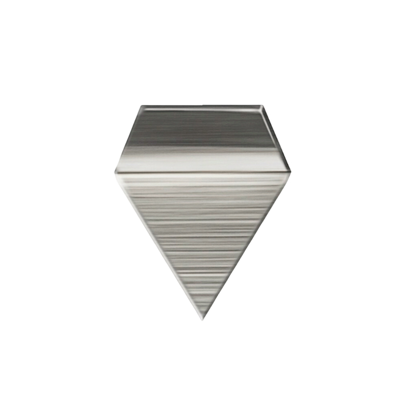 Upside-down diamond-shaped metallic icon with horizontal striations, light-to-dark gradient surface