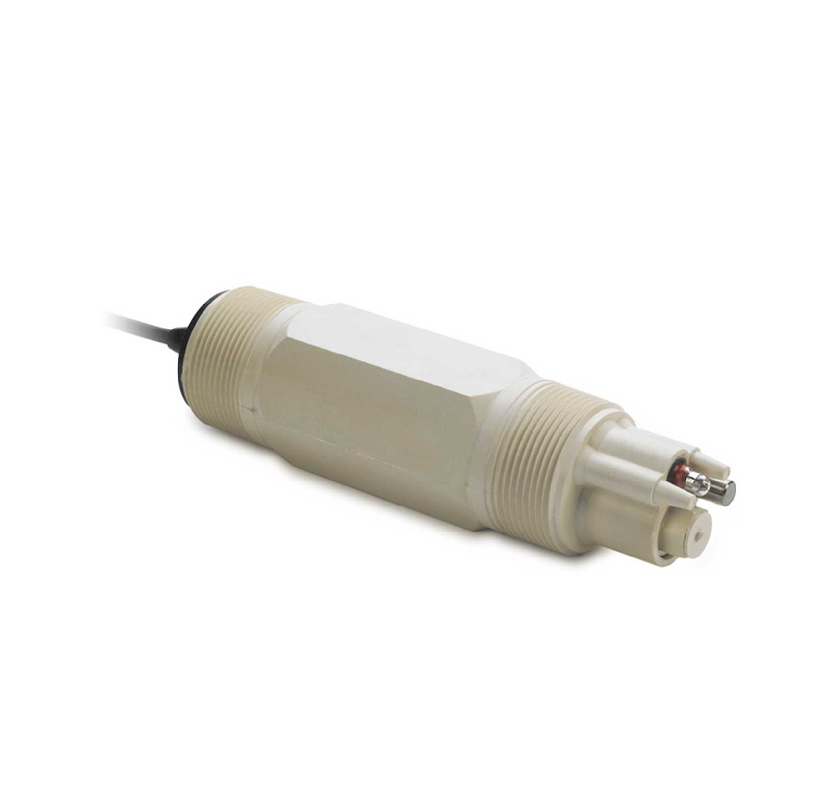 Beige industrial multi-pin power connector with a threaded coupling and attached black cable.