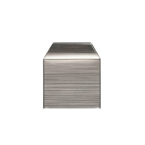 Stack of brushed steel sheets forming a rectangular metal block on a white background
