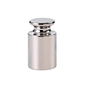 Shiny stainless steel calibration weight with a rounded, knob-like top on a white background.