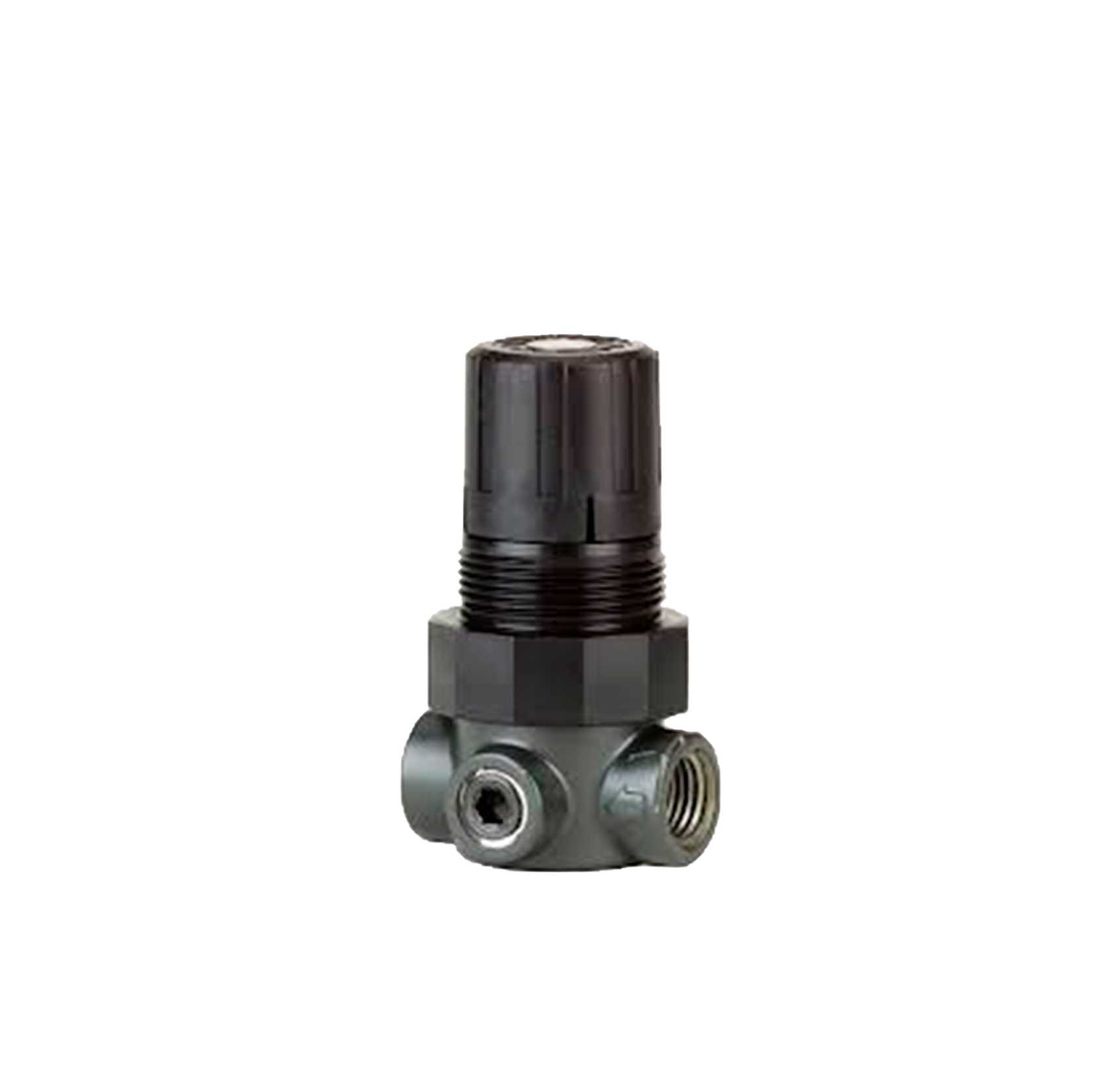 Close-up of a black plastic adjustment cap on a threaded pneumatic/hydraulic fitting with a right-angle elbow at the bottom