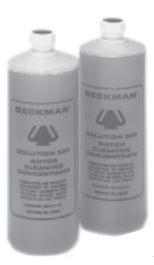 Two gray Beckman bottles with white caps, labeled Beckman solution, standing side by side on a white background.