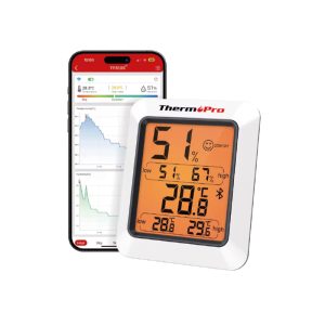 ThermoPro wireless thermometer/hygrometer with orange display beside a smartphone app showing temperature and humidity graphs and readings.