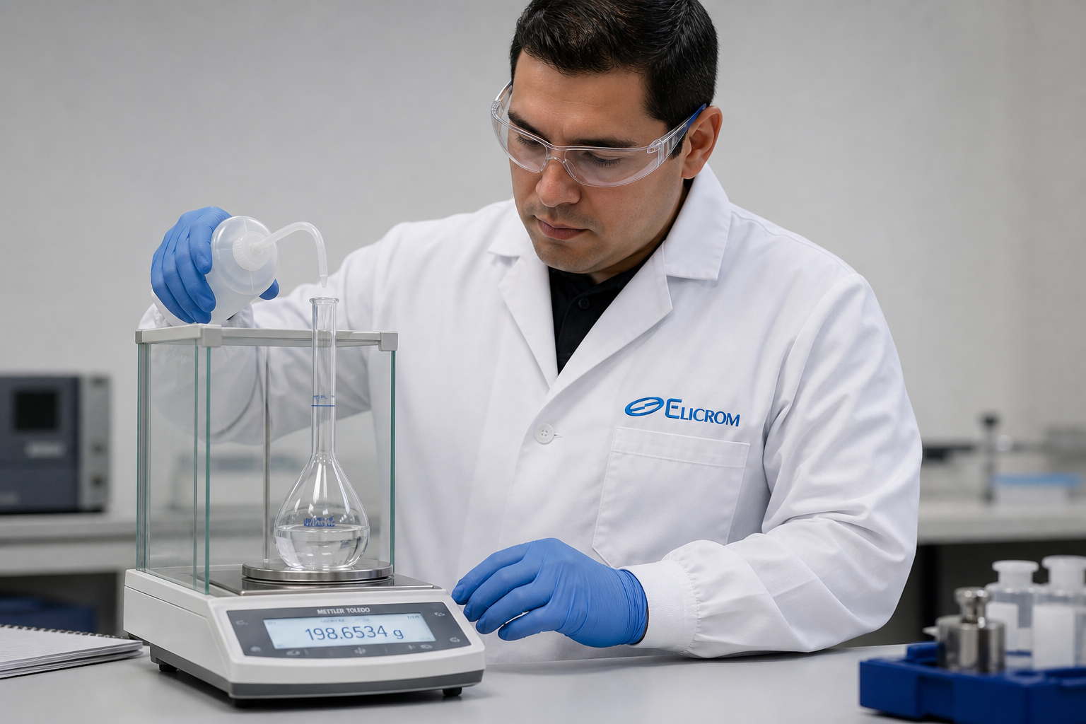 Técnico de ELICROM Perú calibrando balón de aforo y probeta graduada en Lima