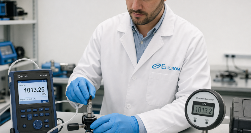 Male scientist in a white lab coat and blue gloves adjusts a valve connected to a pressure tester; display reads 1013.25 hPa per sensor screen.