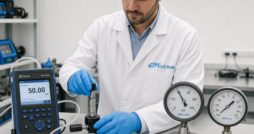 Técnico ELICROM calibrando manómetro
