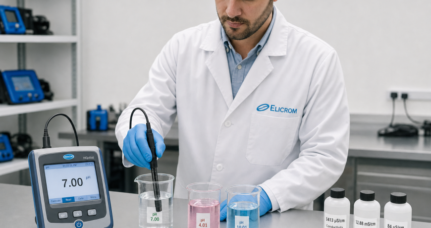Técnico ELICROM calibrando multiparámetro