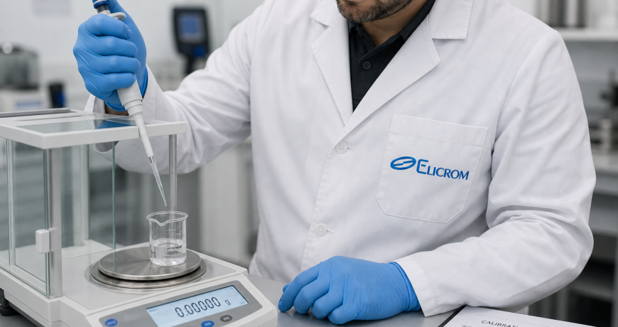 Técnico ELICROM calibrando pipeta