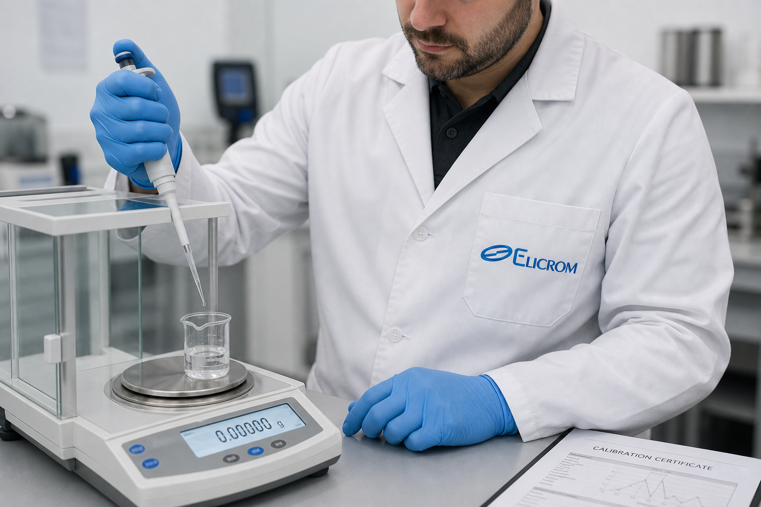 Técnico de ELICROM Perú calibrando micropipeta en Lima